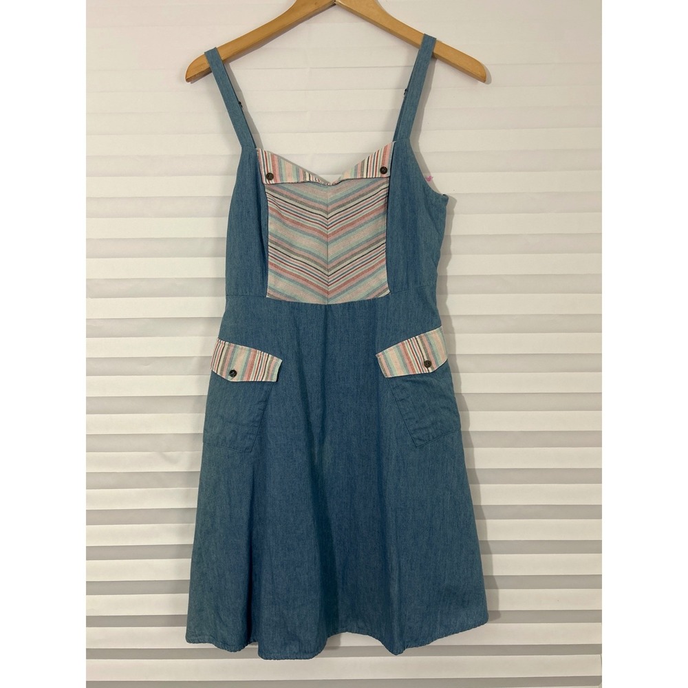 ModCloth Blue Denim Pinafore Dress Preppy Striped Chevron Pocket Sun Dress M